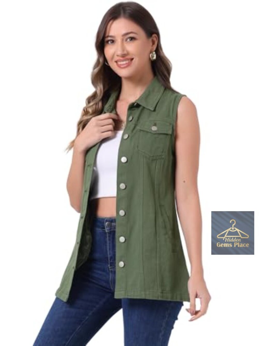 Sleeveless Denim Vest Button Down Mid-Long Casual Jean Vest